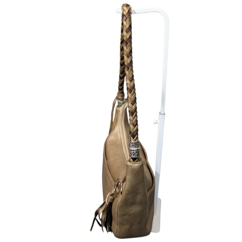 Brighton Metallic Gold Pebbled Leather Braided Strap Hobo Bag D786880